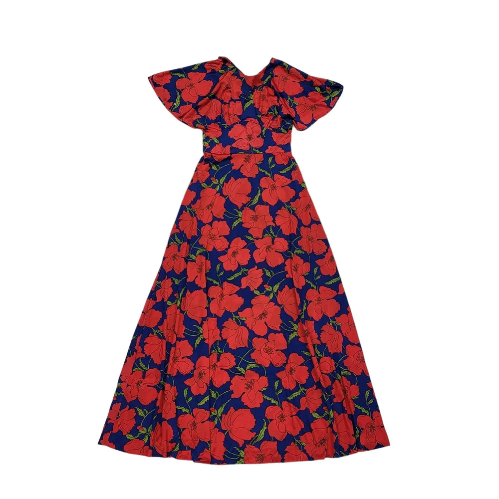 70s Vintage Red & Blue Floral Flutter Sleeve Maxi Dress Women's 8