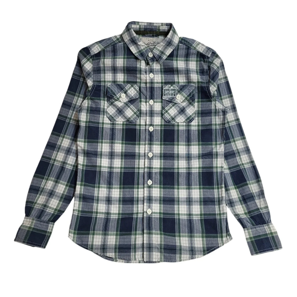 Superdry Green & Blue Checked Slim Fit Long Sleeve Shirt Mens UK M EE368