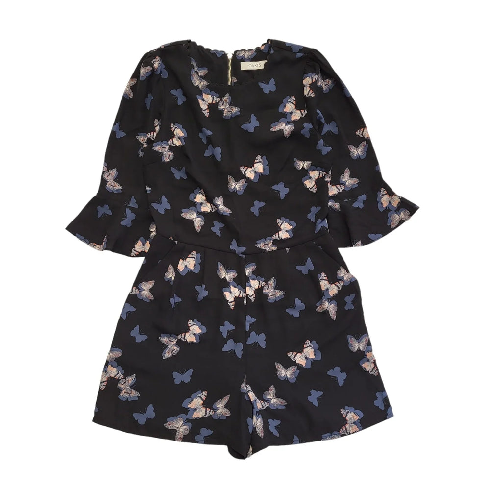 Oasis Black & Blue Butterflies 3/4 Sleeve Playsuit Uk Women's Size 8 Bnwt DD118