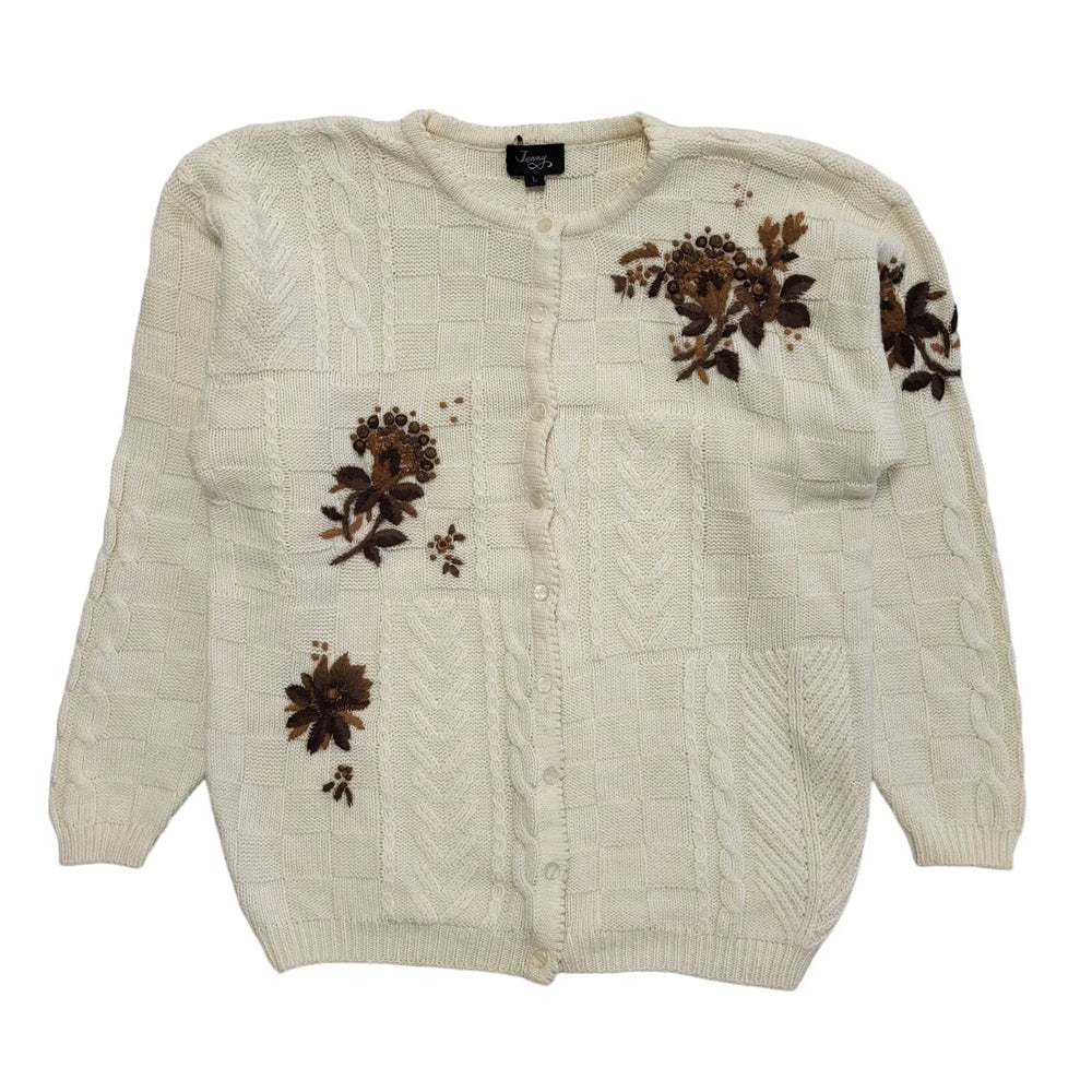 Jenny 80s Vintage Cream & Brown Button Cardigan Uk Women's Size Large