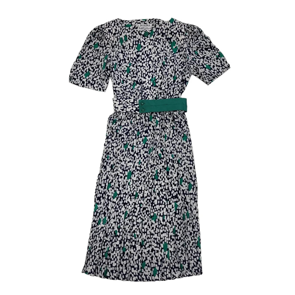 Dollina 80s Vintage Patterned Navy & White Belted Daywear Dress Women's 12