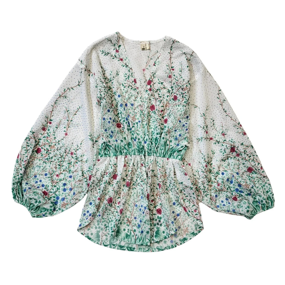 70s Vintage White Green Floral Blouse Long Sleeve Women's UK 12