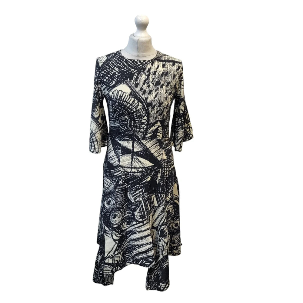 Desigual Black White 3/4 Sleeve Round Neck Dress Uk Women's Size 10 EE404