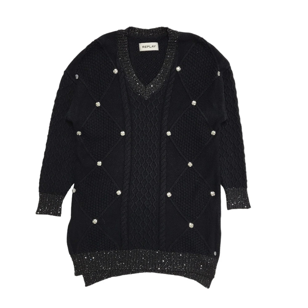 Replay Black V-Neck Cable Knit Jumper Uk Women's Size Medium DD333