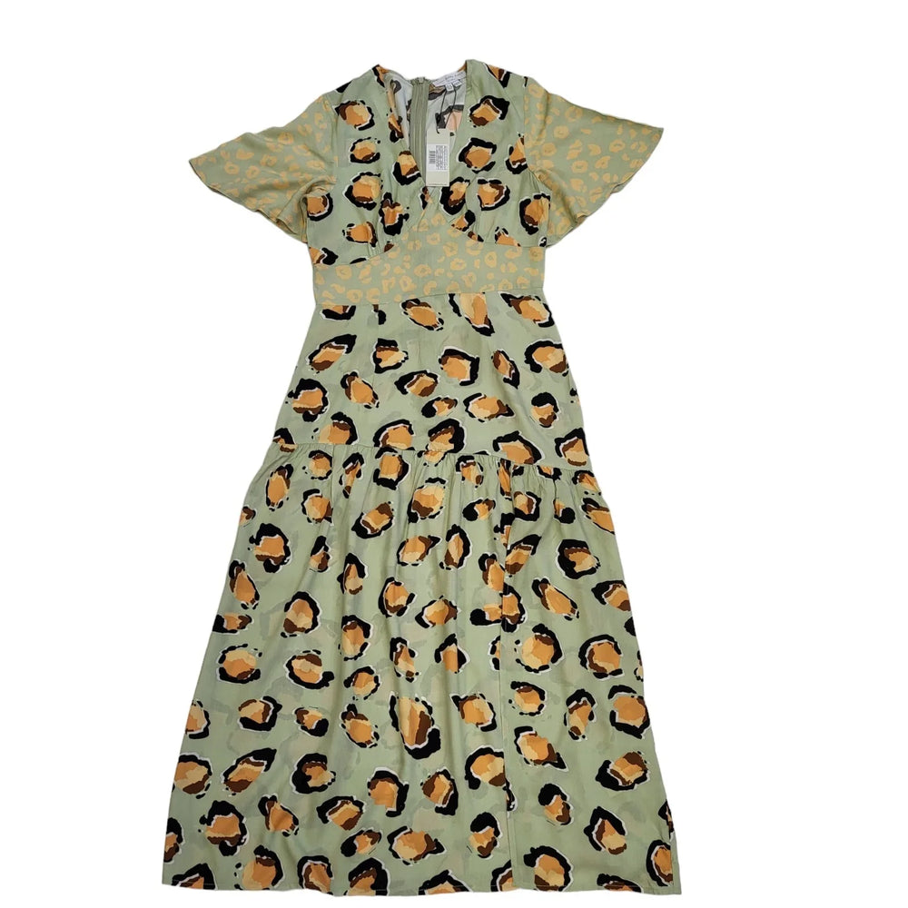 Never Fully Dressed Green Sage Leopard Clash Midi Dress Uk Women's Size 10 DD537