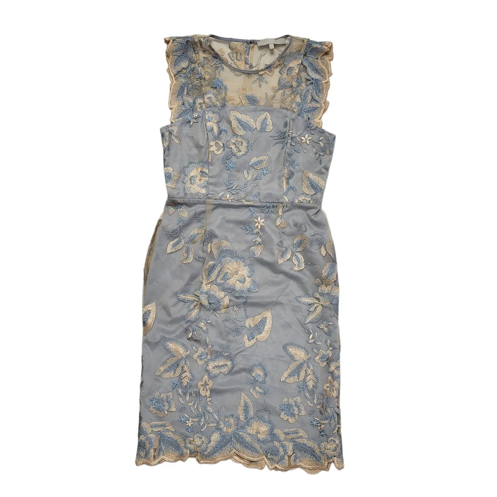 Fenn Wright Manson Blue & Gold Floral Sleeveless Dress Women's Size 12 DD92