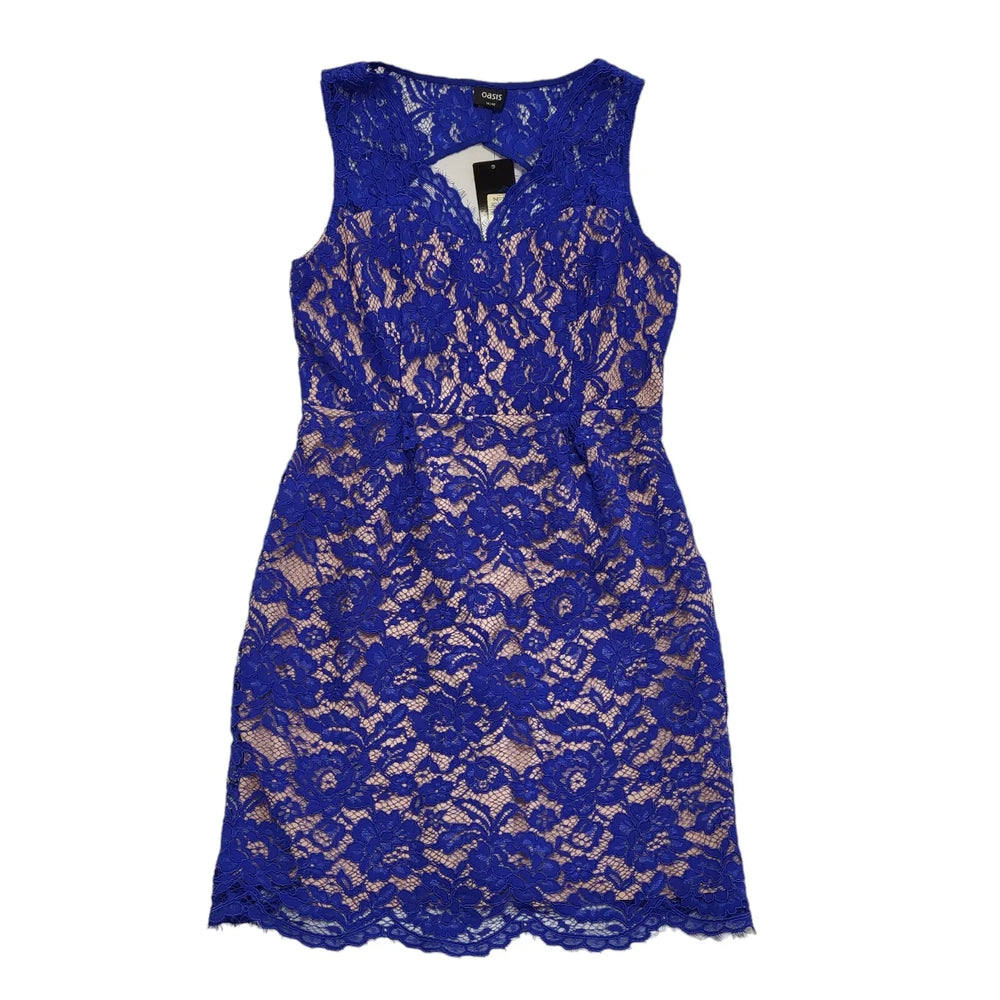 Oasis Blue Pink Lace Floral Sleeveless Dress Uk Women's Size 14 Bnwt DD93