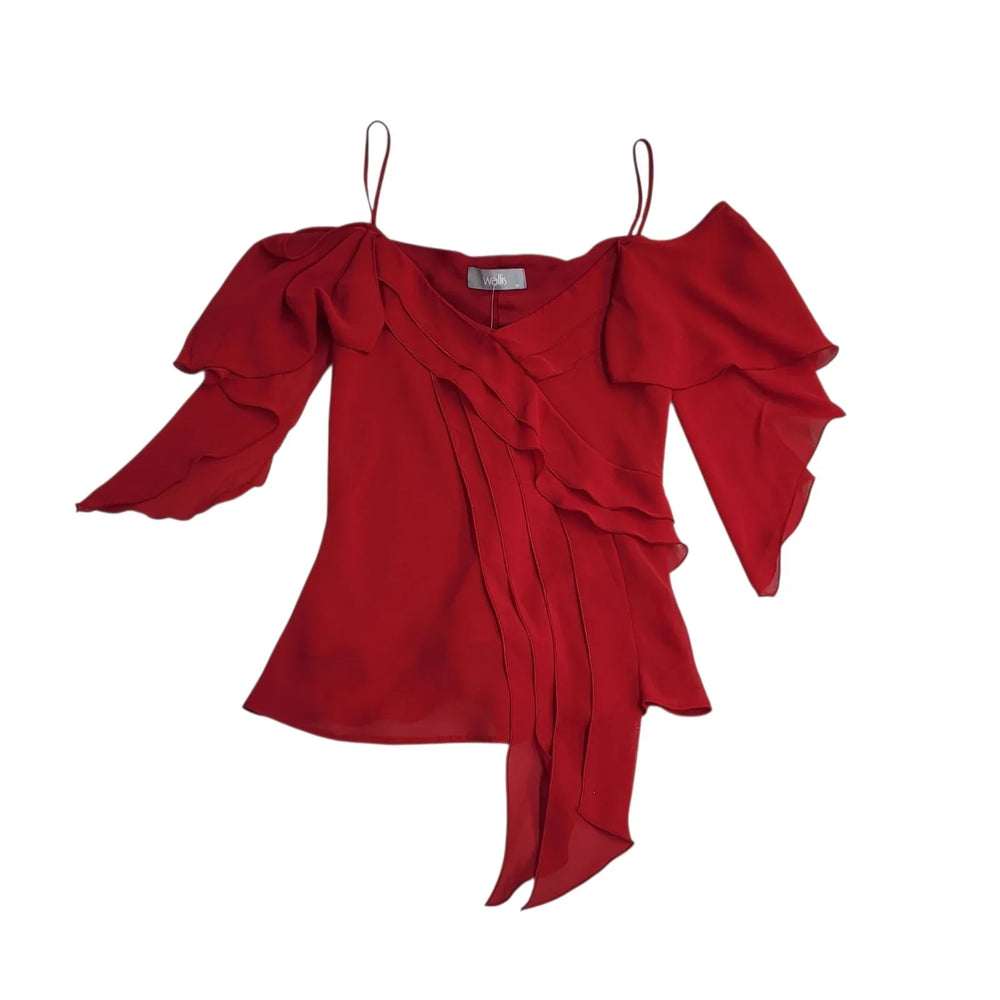 Wallis V-Neck Red Top Ruffled Sleeve Women's Bnwt UK M 10 L771