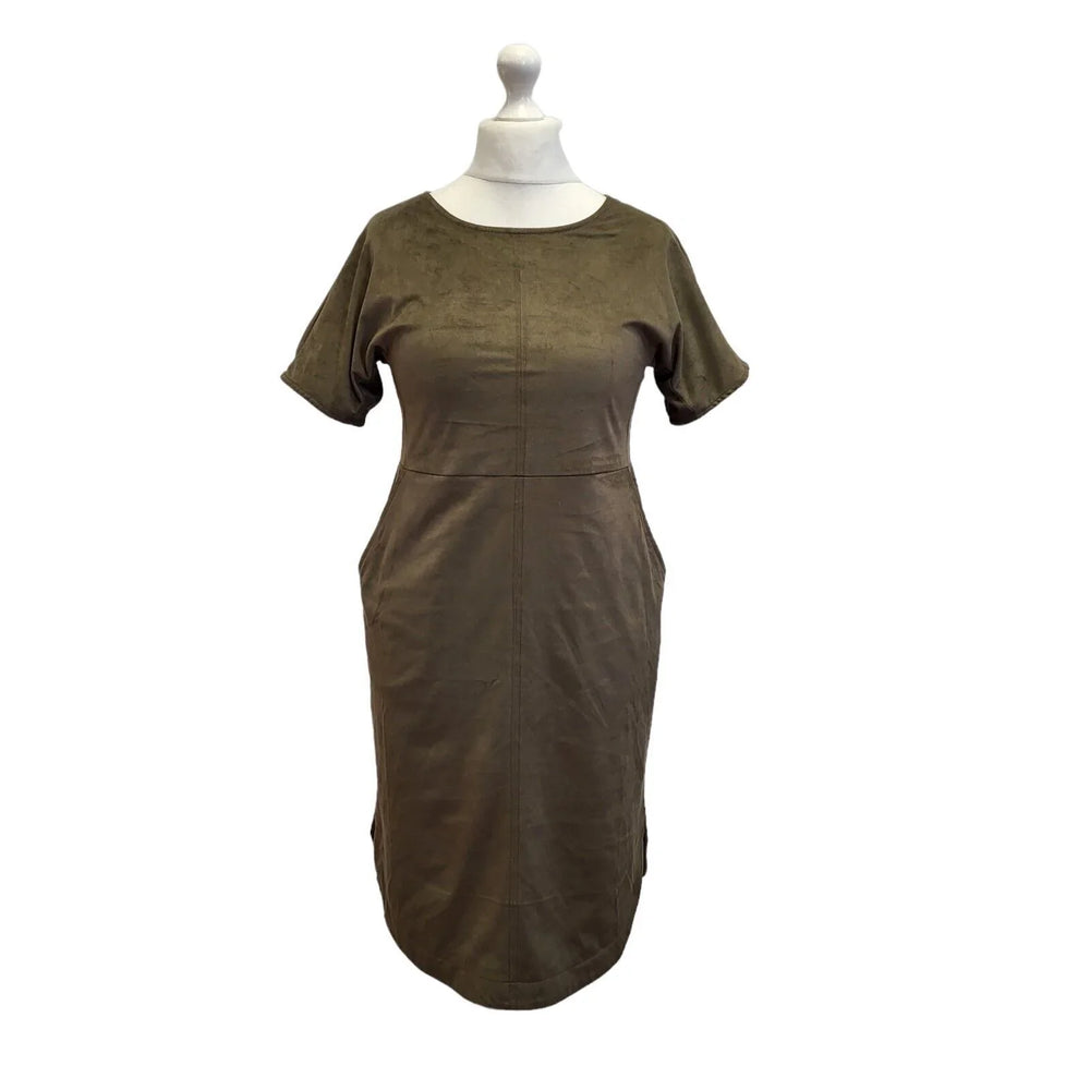 Oliver Bonas Khaki Art House Suedette Evening Dress Uk Women's 10 Eu 38 Bnwt G96