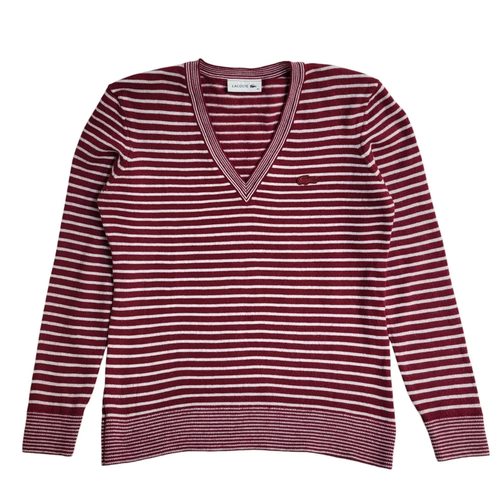 Lacoste Vintage 90's Red & White V-Neck Jumper UK Women's Size 10/12