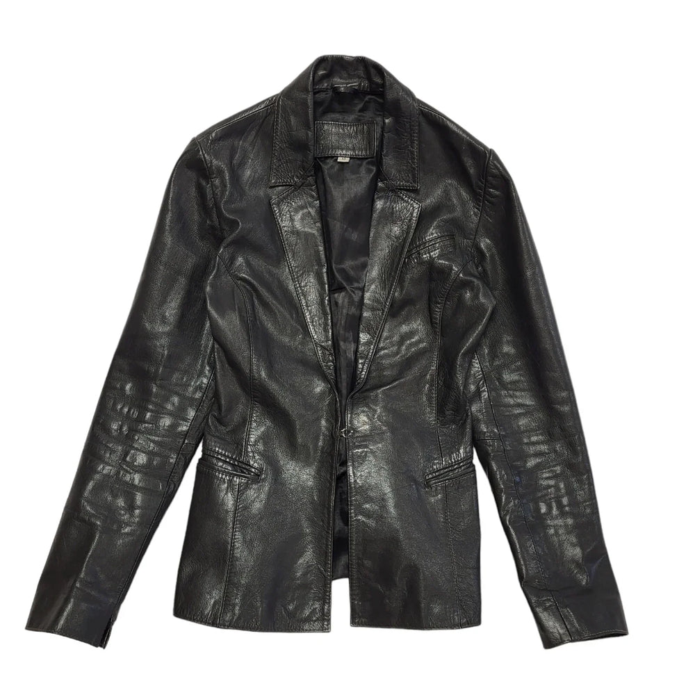 90s Vintage Black One Button Leather Jacket Uk Women's Size 10