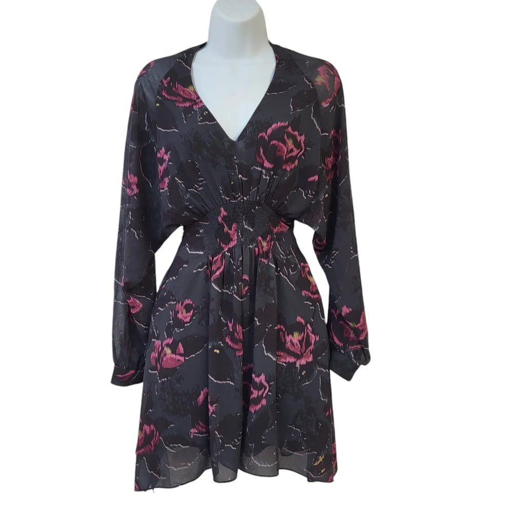 Allsaints Black Pink Floral Long Sleeve V-Neck Dress Uk Women's Size XS EE408