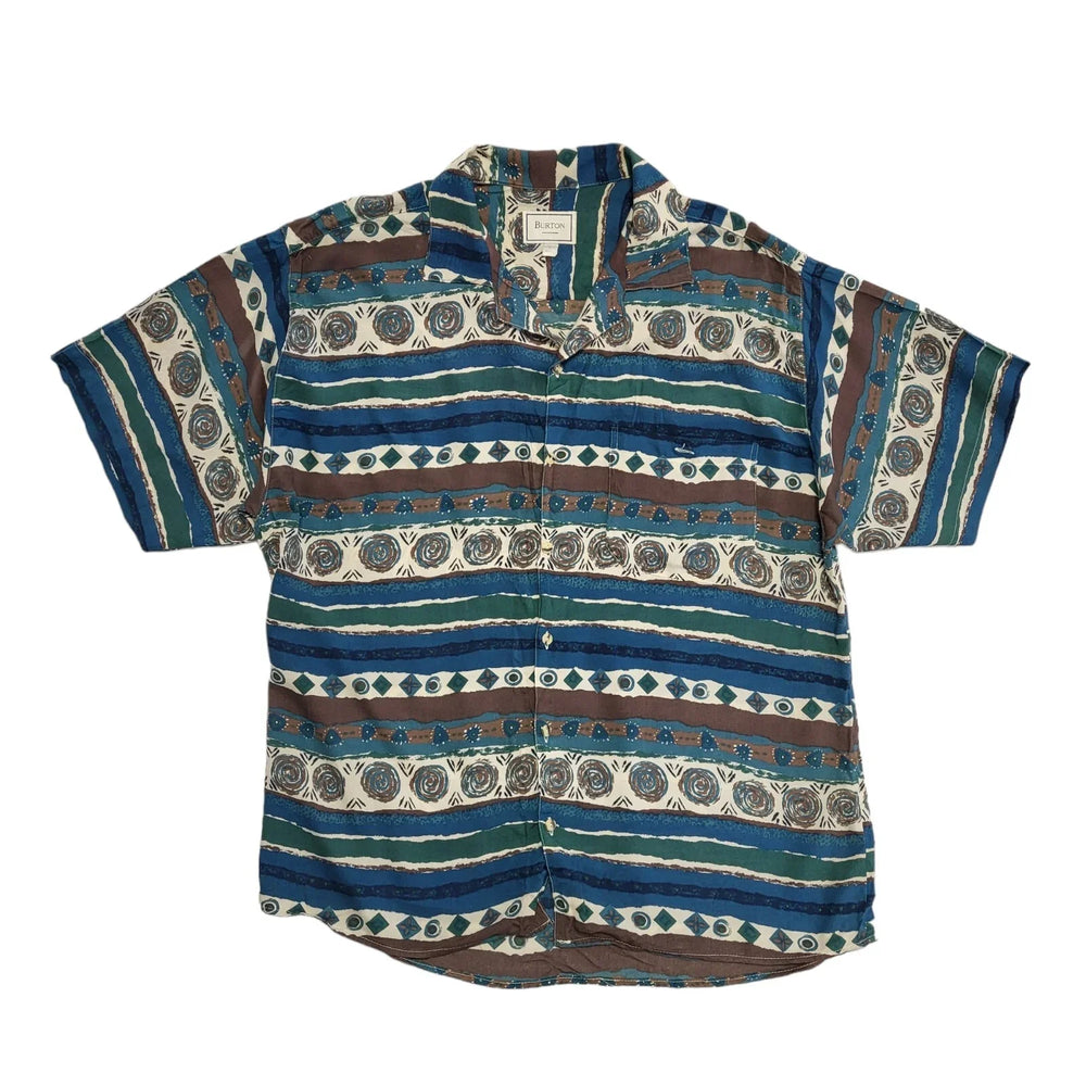 Burton 90s Blue Green Abstract Short Sleeve Retro Shirt Uk Men's Size L