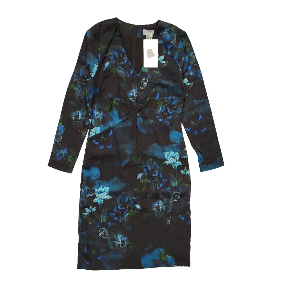 Jigsaw Dress Black Blue Floral Long Sleeve V Neck Women's UK L 12 Bnwt L331