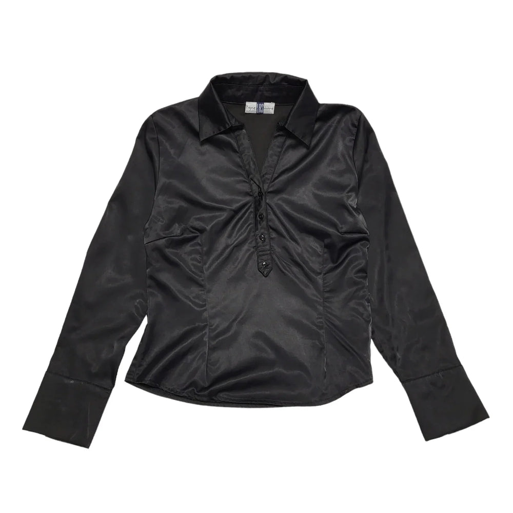 LAS Black Satin Vintage 90's 1/2 Button Collared Blouse Womens UK 10