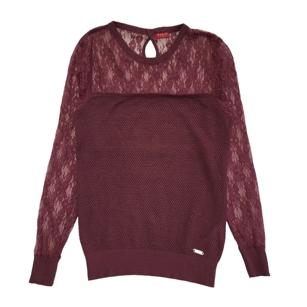 GUESS Maroon Semi Lace Long Sleeve Top Womens UK Size 4 DD590