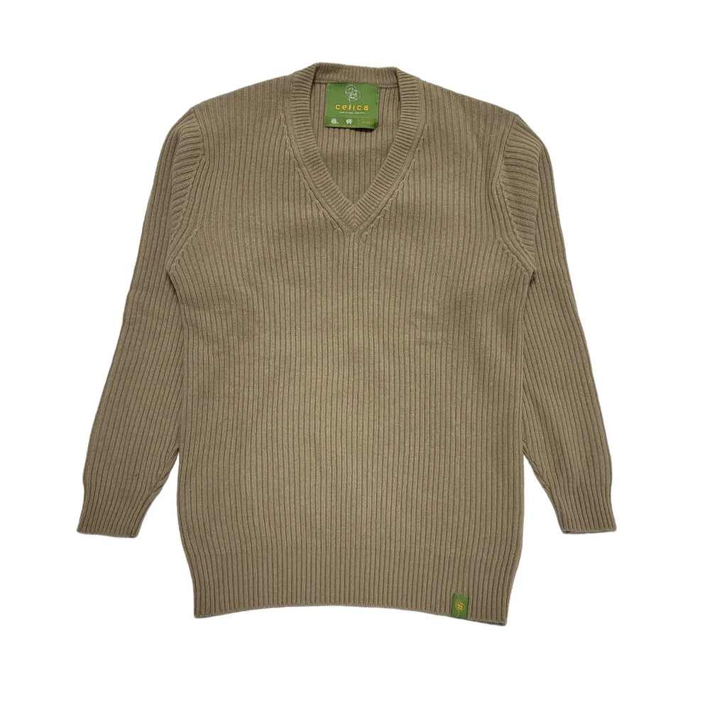 Celica Brown V-Neck Tight-Knit Wool Jumper Uk Men's Size XL CC215