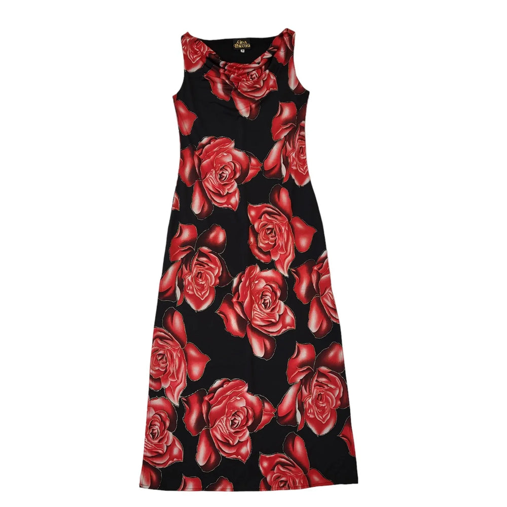 Gina Bacconi Vintage 90s Red Black Floral Sleeveless Dress Uk Women's Medium