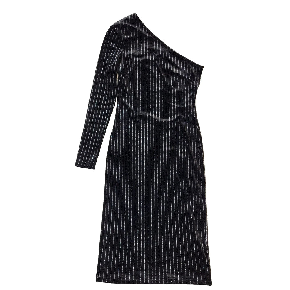 Topshop Black Silver Glitter Striped Off Shoulder Dress Women's Uk 8 BNWT H813