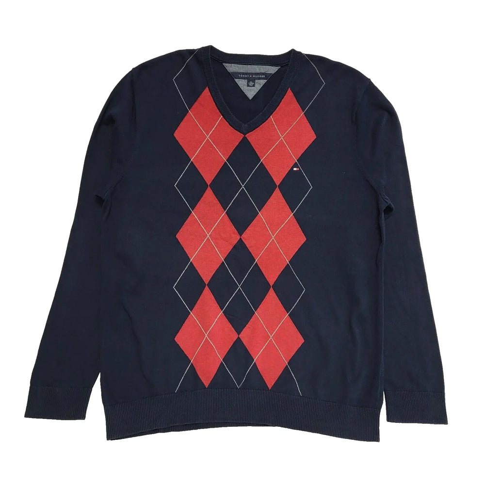 Tommy Hilfiger V-Neck Jumper Argyle Blue Red UK Men's 2xl EU 60 L123