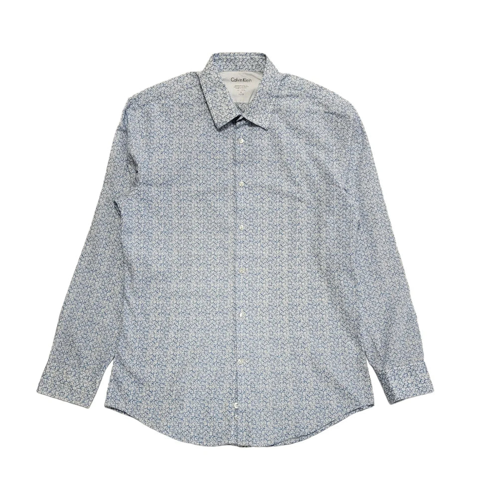 Calvin Klein 90's Vintage White & Blue Long Sleeve Shirt Mens UK Size M