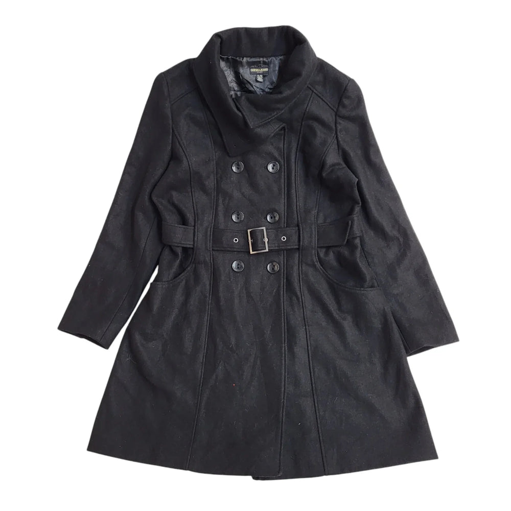 Guess Jeans Black Button Front Belted Coat 90s UK Women's Size XL