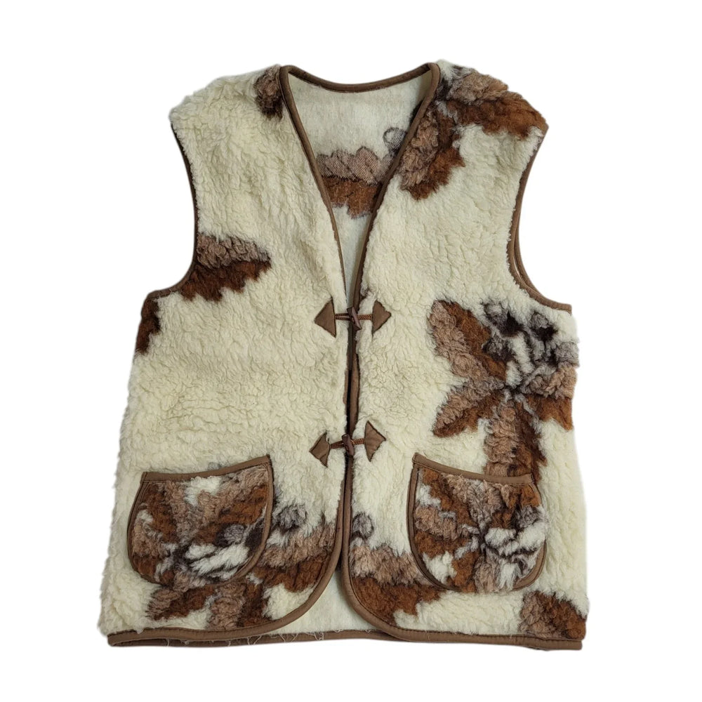 Vintage Beige & Cream 80s Button Faux Fur Gilet UK Women's Size 20