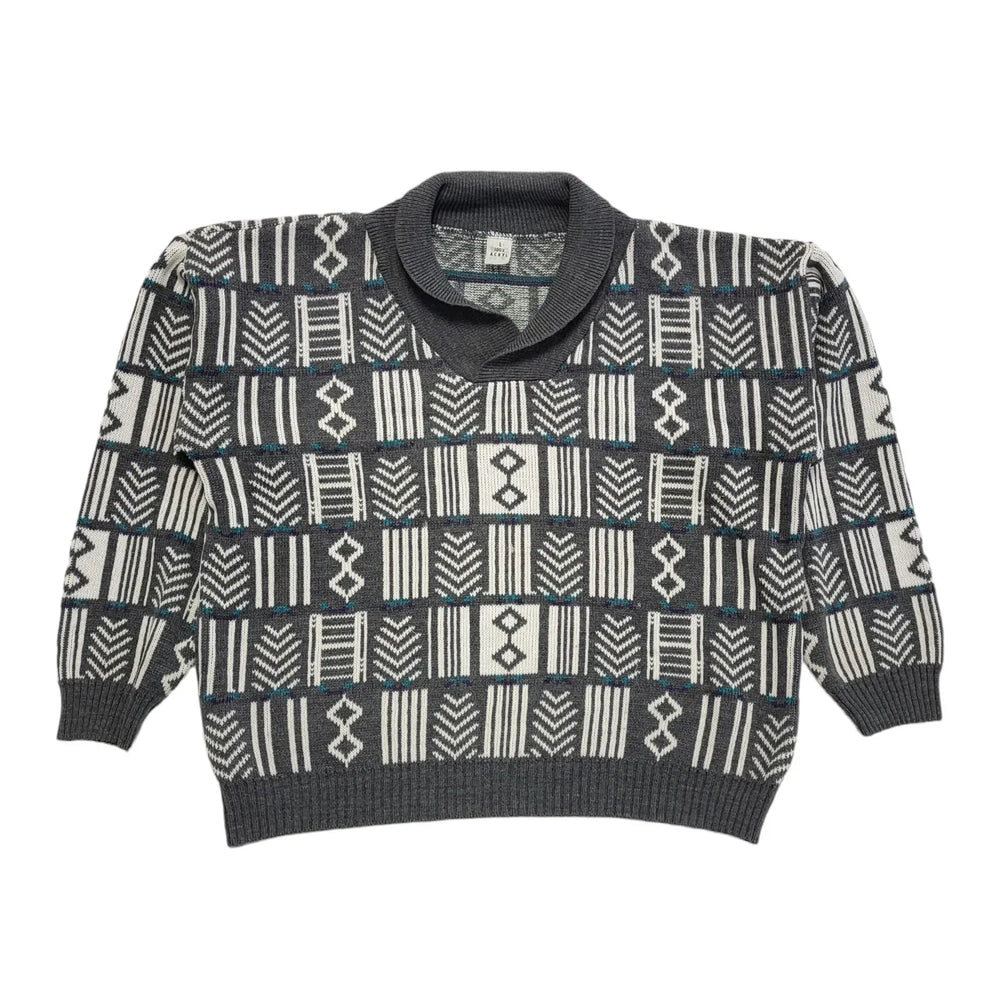 Vintage 80s Grey & White Geometric Collared Jumper Men's UK Large