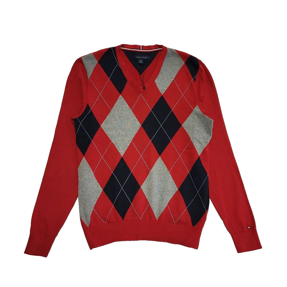 Tommy Hilfiger Argyle Crew Neck Red Grey Jumper UK Men's Small L373
