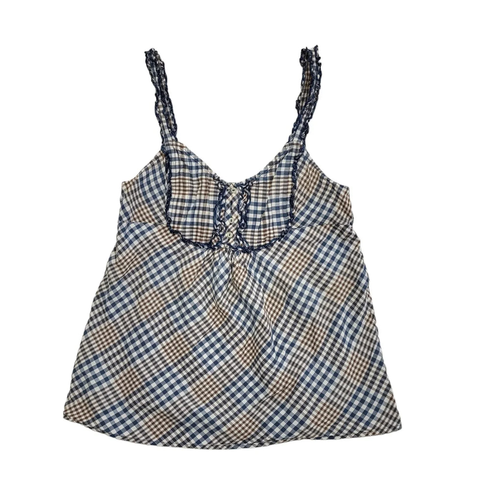 Levi's Vintage Y2K Brown & Blue Checked Strap Button Top Womens UK Size L