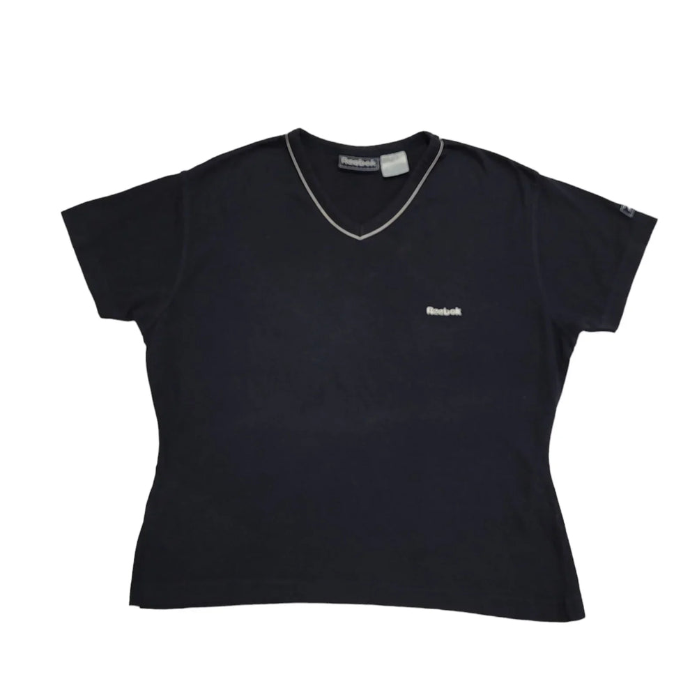 Reebok 90s Vintage Navy Blue V-Neck Cropped T-shirt Top Women's UK Size Medium