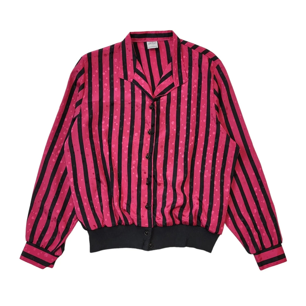Elsie 80s Vintage Pink & Black Striped Long Sleeve Blouse Women's Size 16 EU 44
