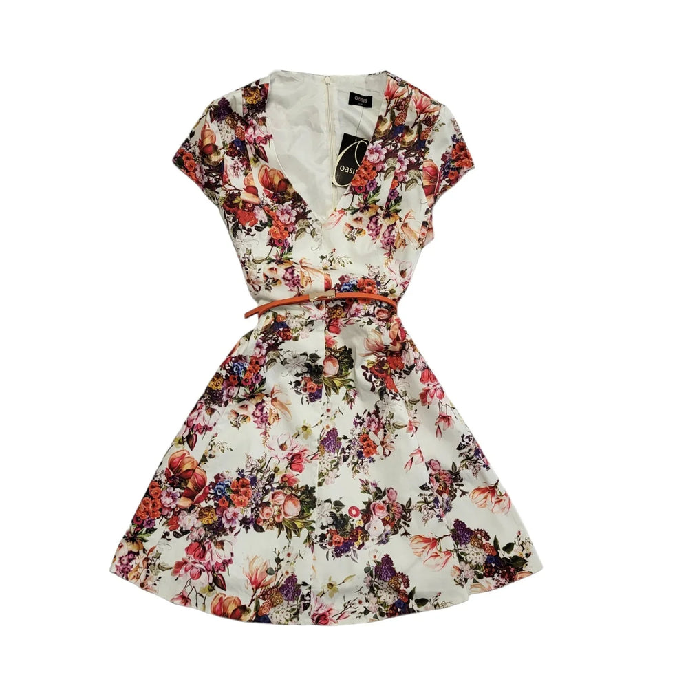 Oasis White & Pink Floral Short Sleeve Dress Uk Women's Size 12 Bnwt DD523