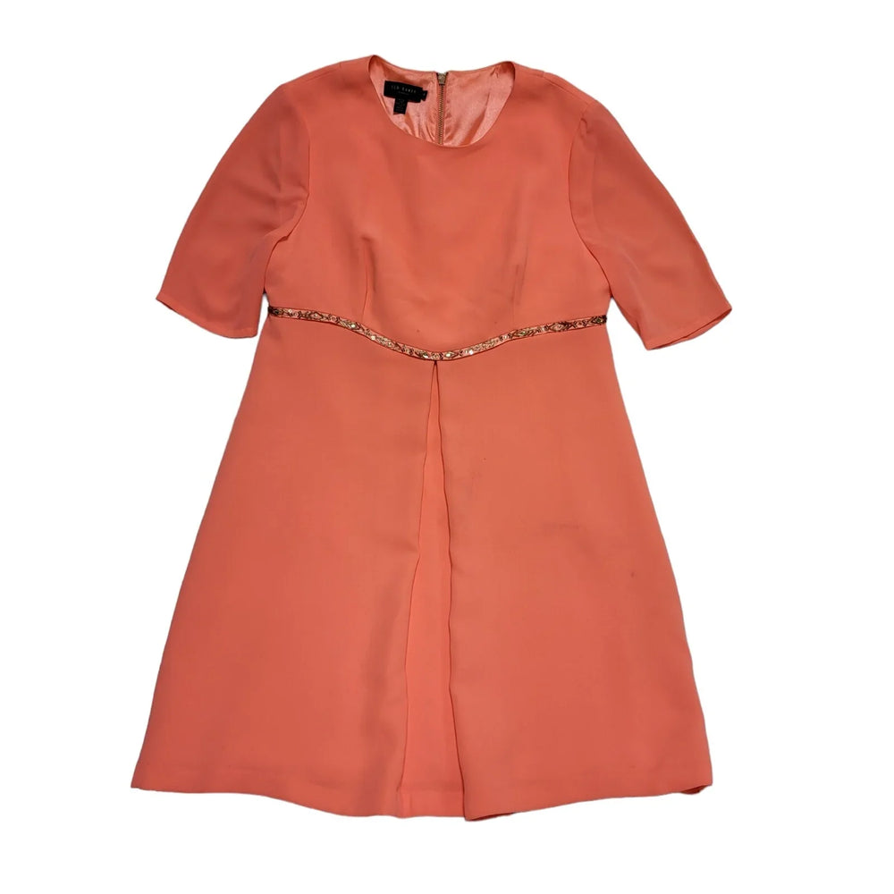 Ted Baker Pink Short Sleeve Beaded Trim A-Line Dress UK Women's 14 H753