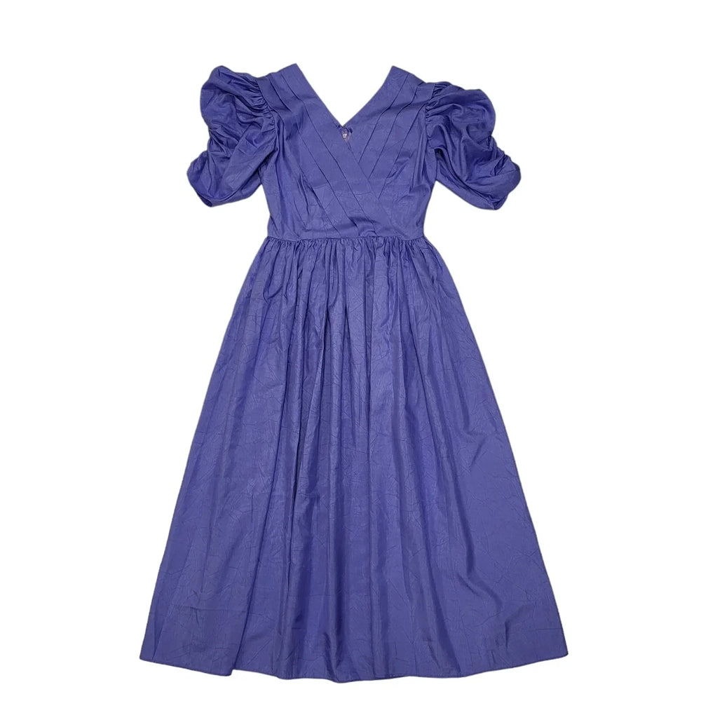 80s Vintage Purple V-Neck Puff Sleeve Party Dress Women's S 8/10