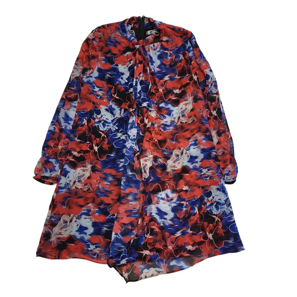 Jennifer Lopez Red & Blue Floral Long Sleeve Dress Women's Size 16 DD286