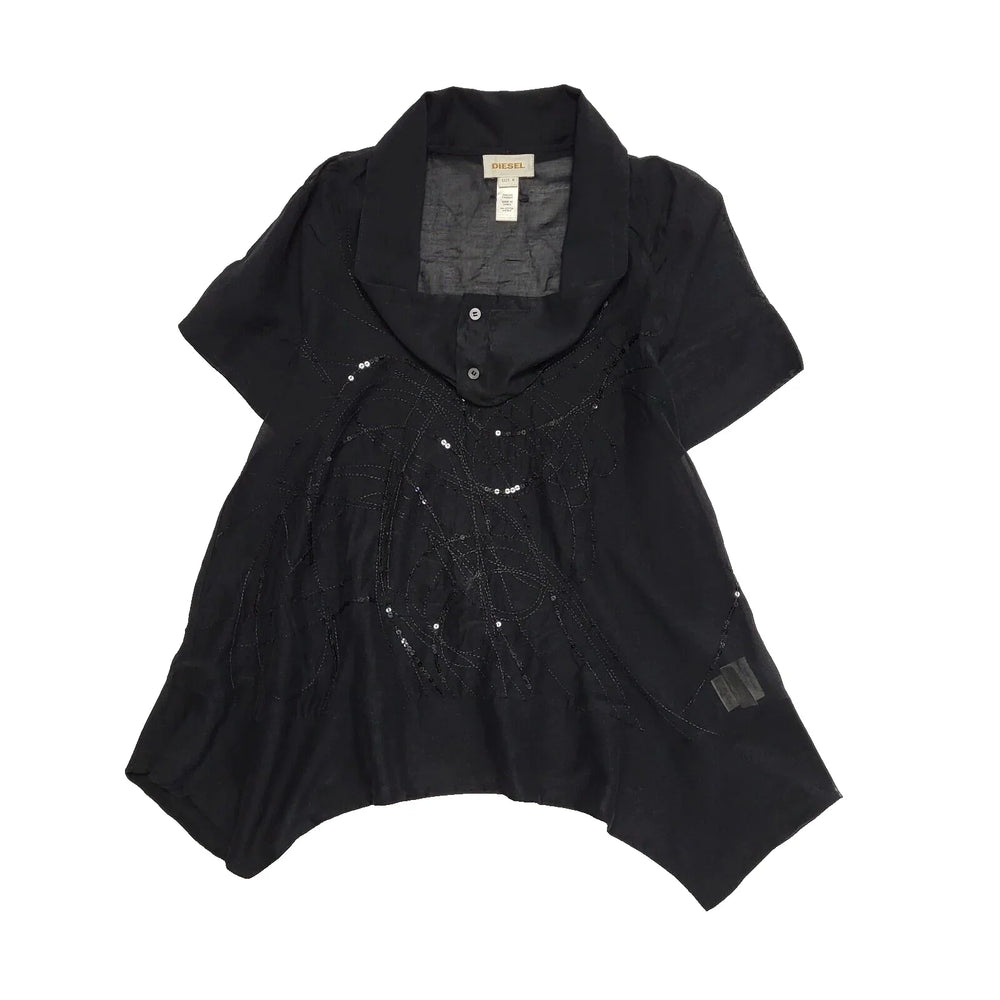 Diesel Black Sheer Sequin Short Sleeve Top Womens UK Size 14 CC909