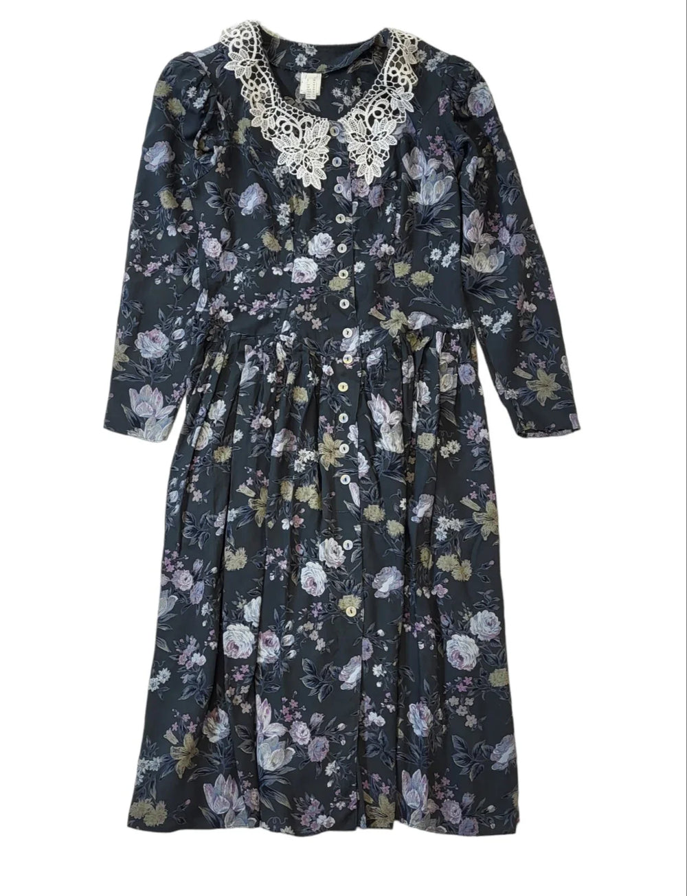 Vintage 80's Collared Button Green Floral Dress Womens UK 12 EU 40