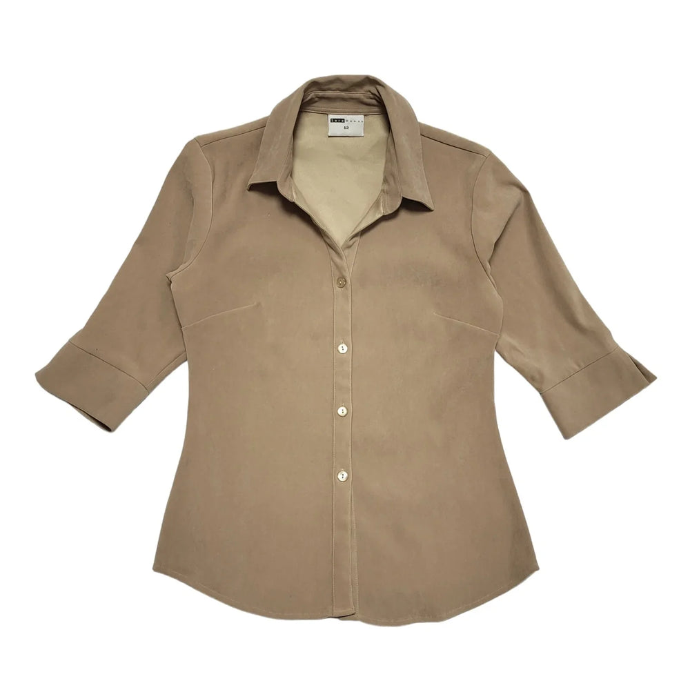 Sara Women Vintage 80's Brown 3/4 Length Sleeve Shirt Womens UK 12