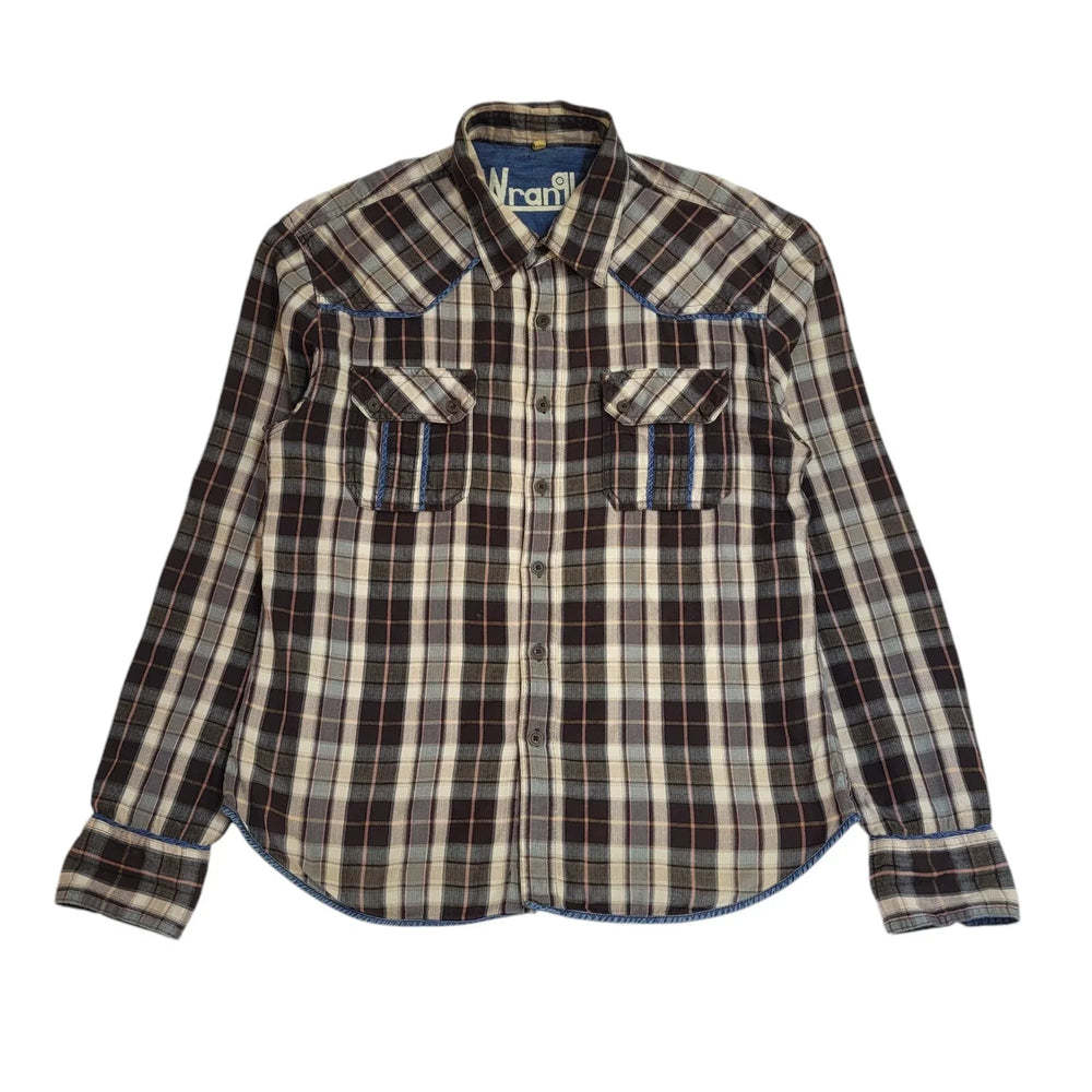 Wrangler 90s Brown & Beige Check Long Sleeve Shirt Uk Men's Size XL