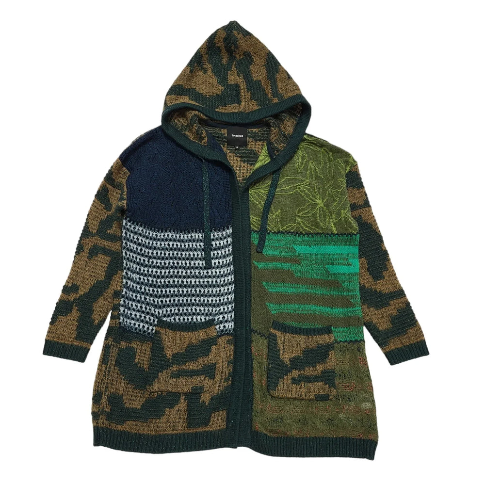 Desigual Green Blue Open Front Hooded Coat Uk Women's Size Medium DD421