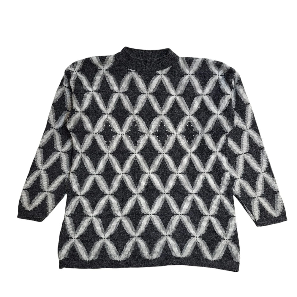 C&A Vintage 90's Grey & White Round Neck Jumper UK Women's Size XL