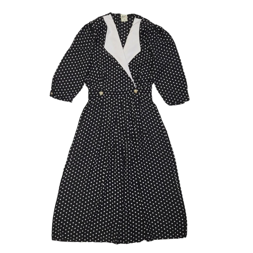 80s Vintage Black & White Polka Dot Collared Tea Dress Women's 14