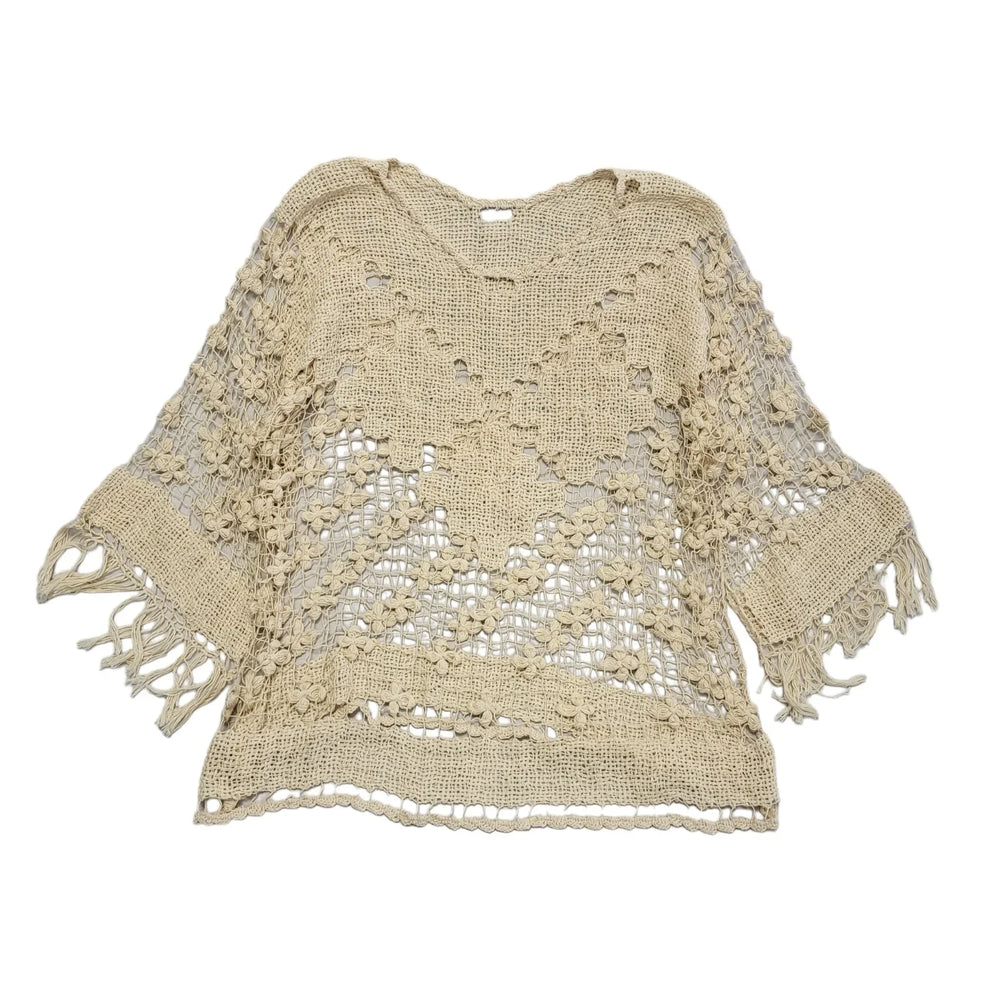 90s Vintage Beige Round Neck Knitted Jumper Uk Women's Size 12
