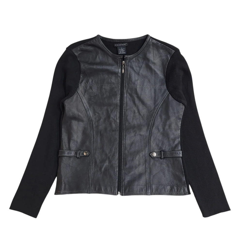 Escapade Black Round Neck Full Zip Leather Jacket 90s UK Women's Size M