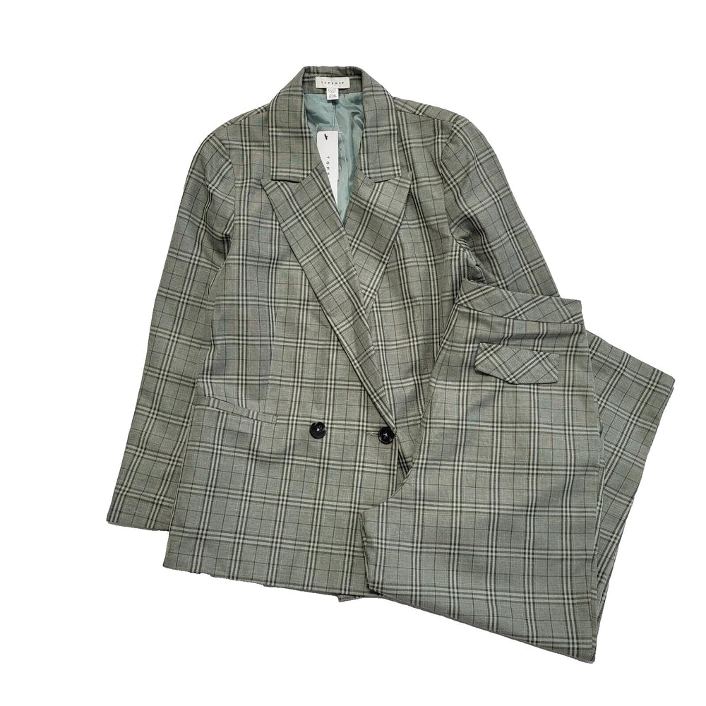 Topshop Green Check 2 Piece Trousers Suit Uk Women's Size 6 W26 L23 L673