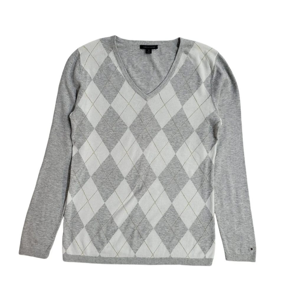 Tommy Hilfiger Y2K Grey & White Argyle V-Neck Jumper UK Women's Size M