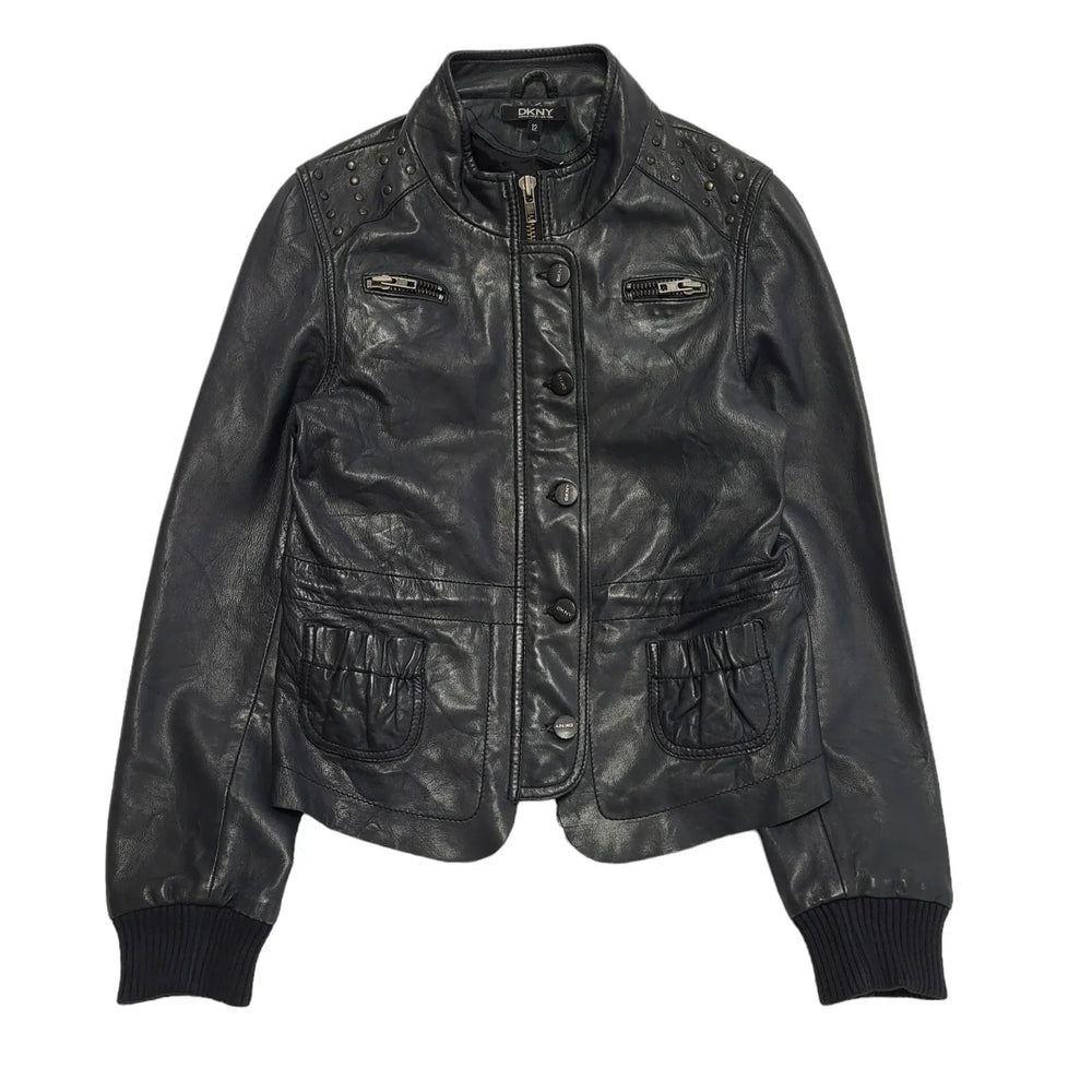 DKNY Black Y2K Vintage Zipped Leather Jacket Uk Girl's Age 12 Yrs