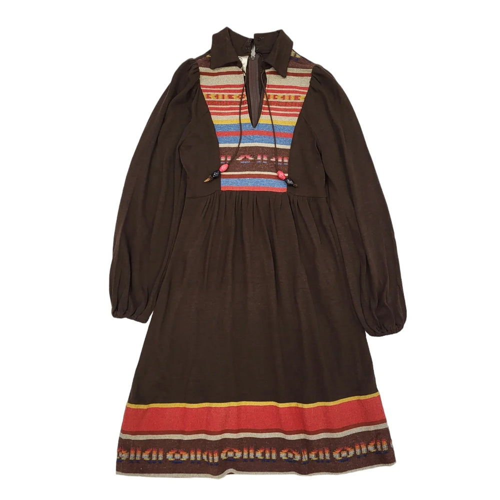 C&A 70s Vintage Brown V-Neck Collared Smock Dress Women's 10