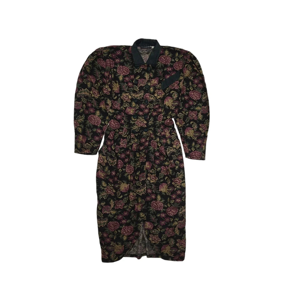 80s Vintage Black Floral Button Daywear Dress Women's 12/14